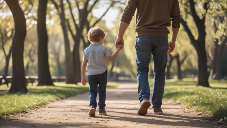 Ojciec spaceruje po parku, trzymając dziecko za rękę – symbol odpowiedzialnego rodzicielstwa i troski mimo rozwodu.