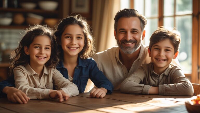 Szczęśliwa rodzina 2+2 – dwoje uśmiechniętych rodziców z dziećmi, symbol troski i wspólnej odpowiedzialności za wychowanie.