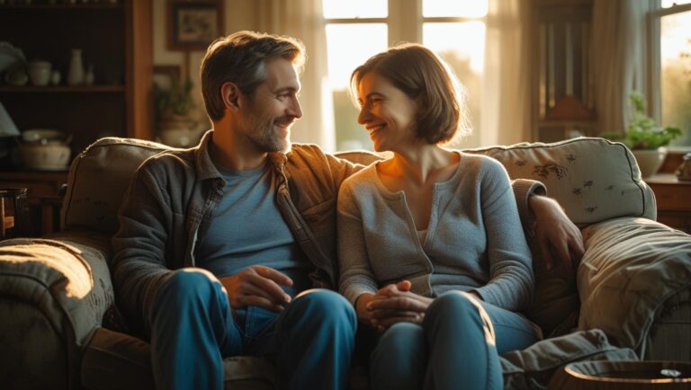 Dwoje rodziców siedzi na kanapie i spokojnie rozmawia o sprawach dotyczących dziecka – symbol współpracy i wspólnej opieki po rozwodzie.