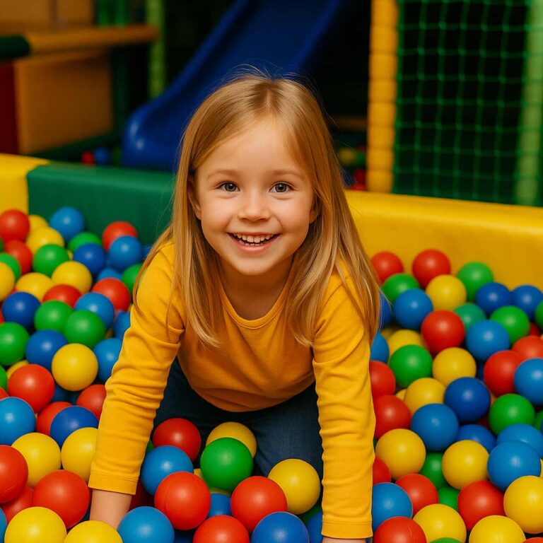 Uśmiechnięte dziecko bawi się w kolorowej bawialni – symbol bezpieczeństwa i spokoju, które daje skuteczna pomoc prawna w sprawach o alimenty w Warszawie.